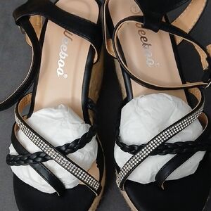 Fashion Nova Black Braided Wedge Sandals with Rhinestone Straps